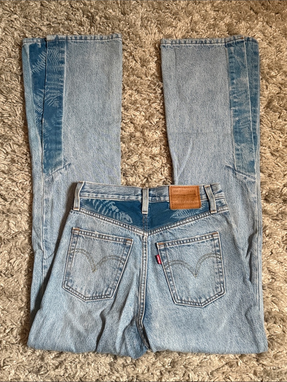 Levi's Ribcage Split Flare Upcycled Cyanotype Fern Printed Jeans